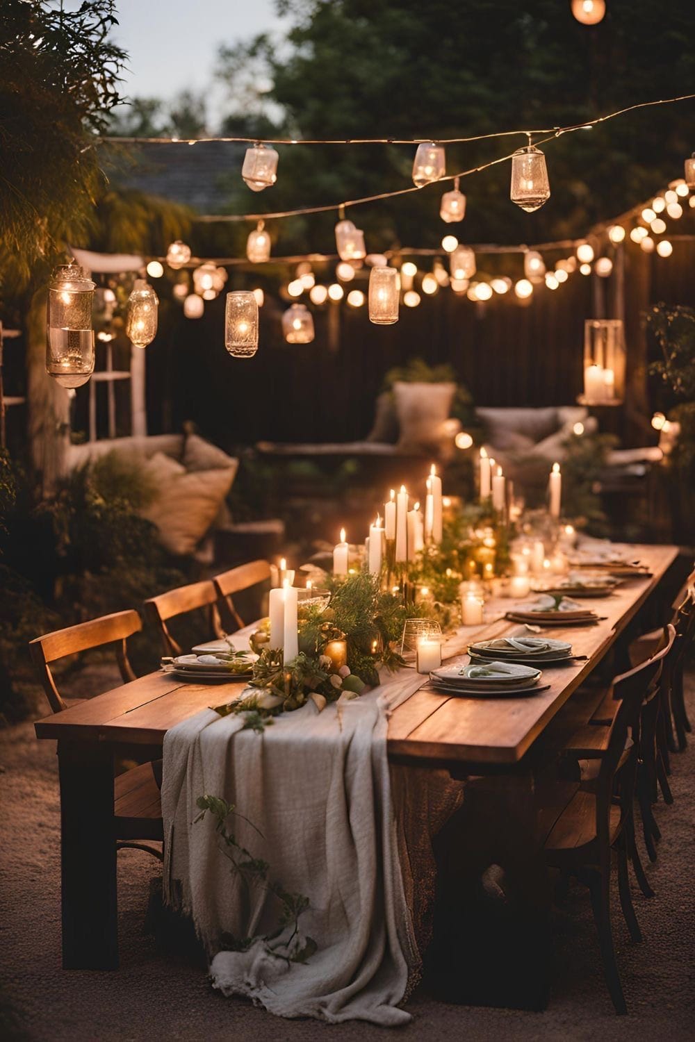 Outdoor dining table set with white linens and candlelight.